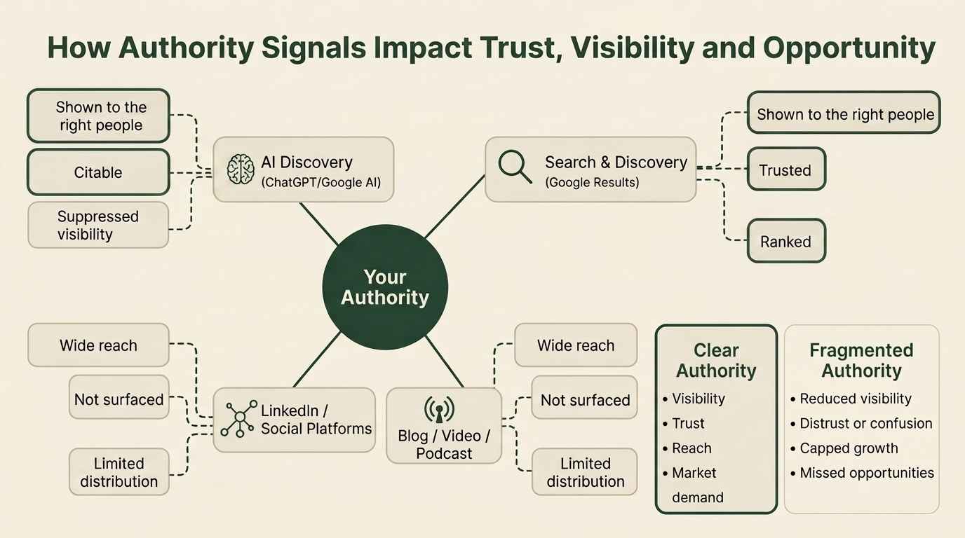 How Authority Signals Impact Trust, Visibility and Opportunity: your authority at the center connects to AI Discovery, Search and Discovery, LinkedIn and social platforms, and blog, video and podcast — each leading either to being shown to the right people, cited, trusted and ranked, or to suppressed visibility, limited distribution and not being surfaced. Clear Authority yields visibility, trust, reach and market demand; Fragmented Authority yields reduced visibility, distrust, capped growth and missed opportunities.