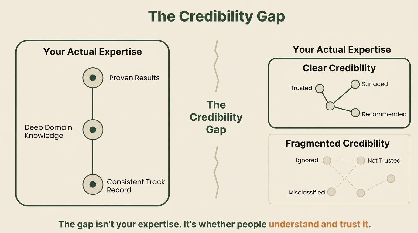 The Credibility Gap: a panel of your actual expertise — proven results, deep domain knowledge, consistent track record — connected in a single line, set against what AI can verify, where clear credibility is connected and fragmented credibility is broken into disconnected nodes